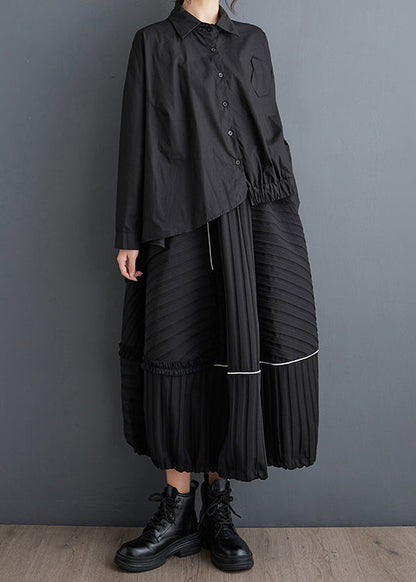 Italian Black Wrinkled Pockets Patchwork Patchwork Cotton Skirt Fall