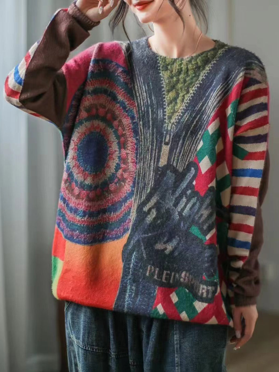 Women Print O-Neck Vintage Long Sleeve Sweater