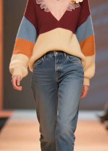 Women Colorblock V Neck Floral Knit Short Sweater Winter