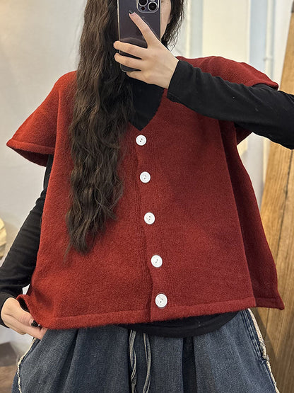 Women Artsy Knitted Button Solid Sleeve Vest