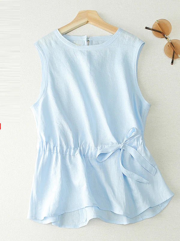 Pure Color Crew Neck Drawstring Casual Linen Vest Top