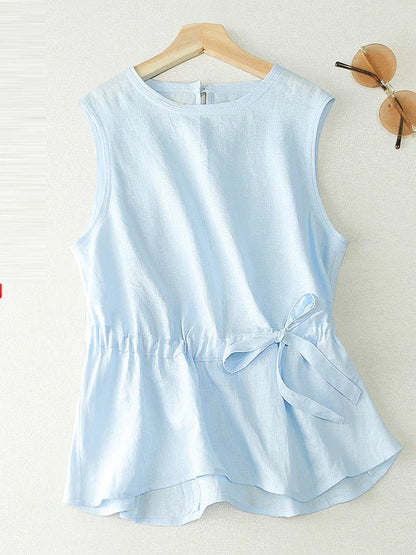 Pure Color Crew Neck Drawstring Casual Linen Vest Top