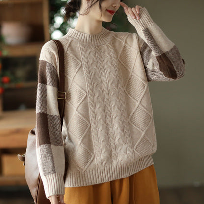 Retro Thick Jacquard Knit Color Block Three-dimensional Sweater