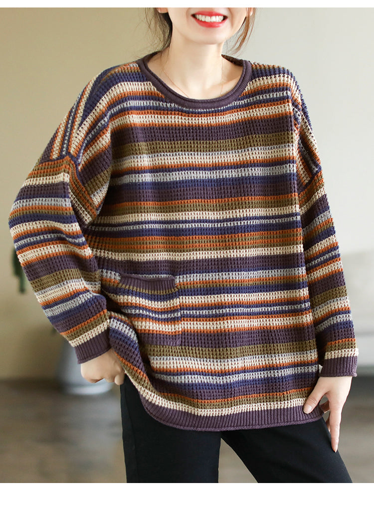 Colorful Red Striped Cotton Knitted Sweater