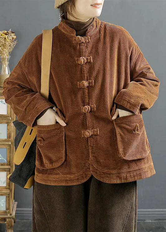 Vintage Brown Chinese Button Pockets Corduroy Coats Spring
