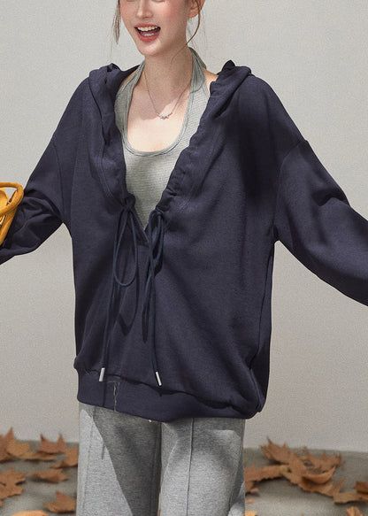 Navy Oversized Cotton Pullover Streetwear Hooded Drawstring Fall