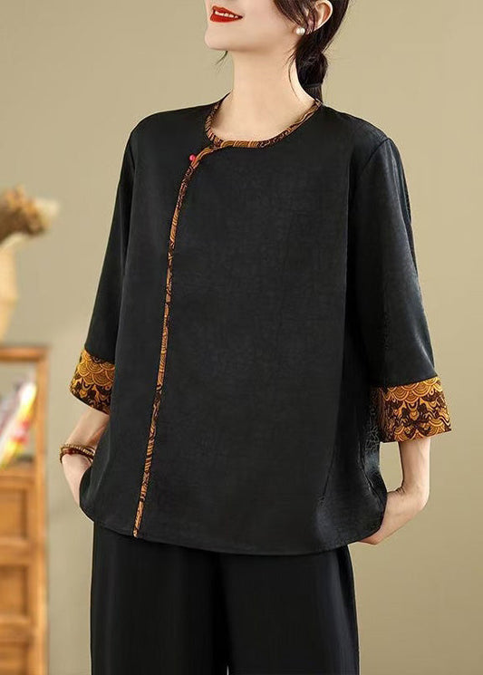 Vintage Black Oversized Patchwork Silk Blouses Bracelet Sleeve
