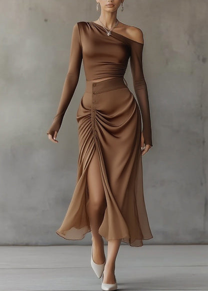 French Brown Asymmetrical Top And Maxi Skirts Two Pieces Set Spring