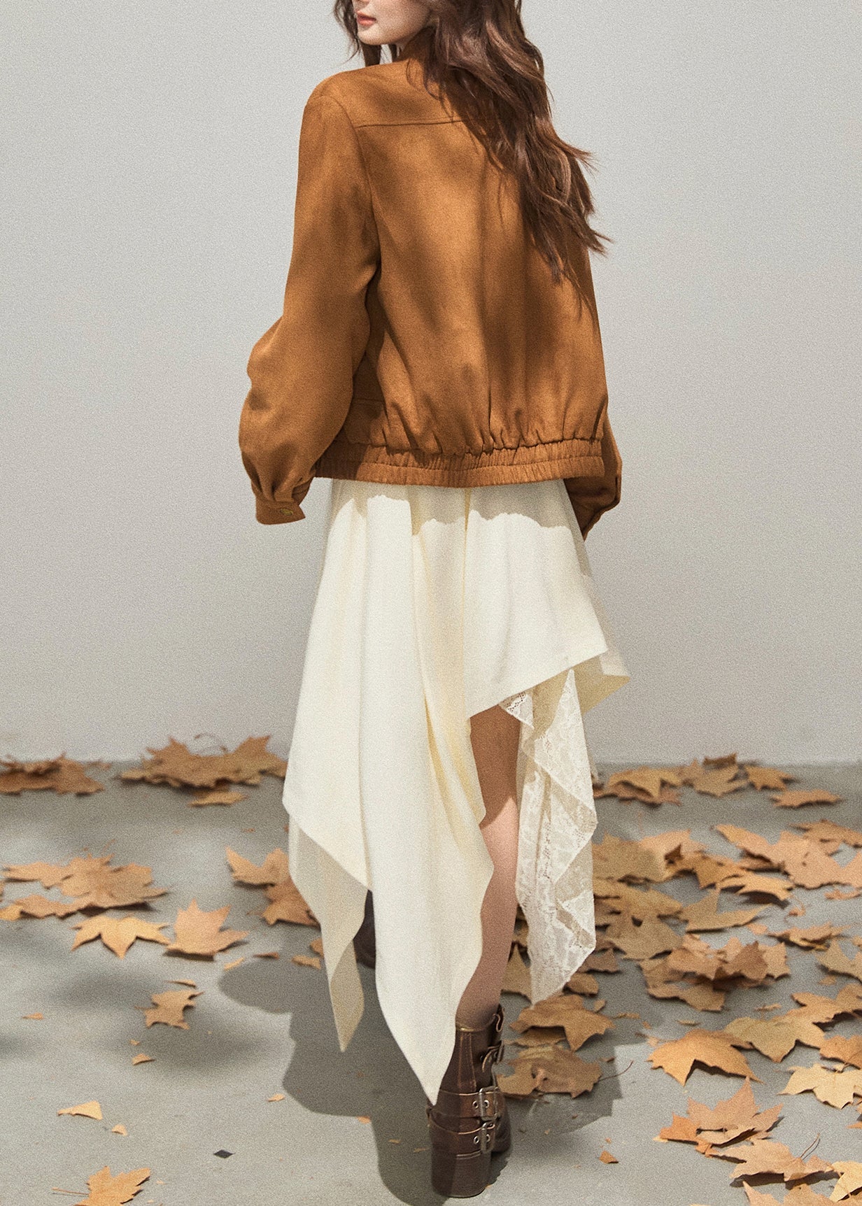 French Brown Embroidered Flower Faux Suede Coat Outwear Fall