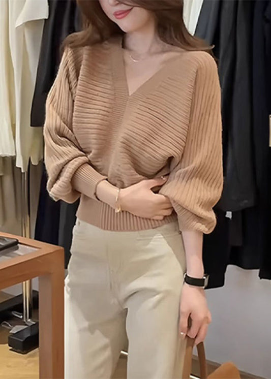 Fashion Khaki V Neck Patchwork Cozy Cotton Knit Sweater Fall