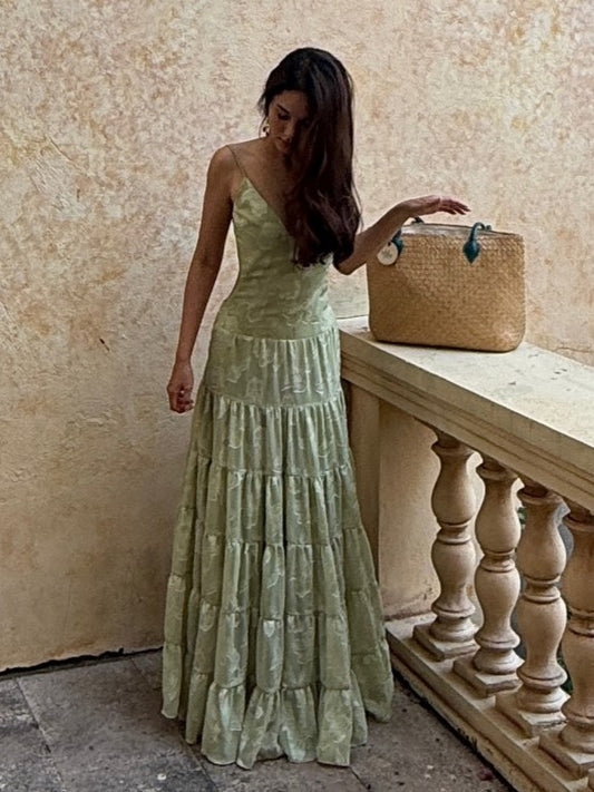 Light Green Jacquard Open-Back Tiered Maxi Dress Set