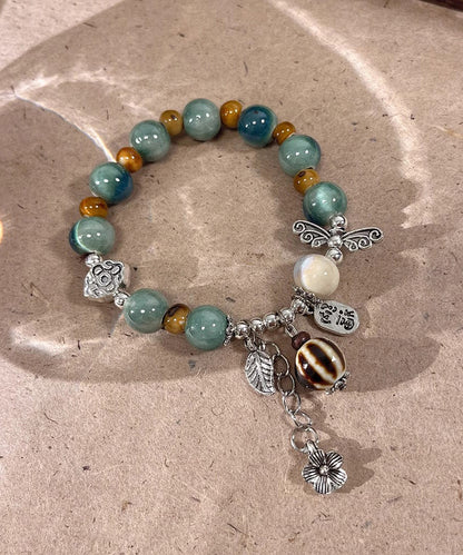 Vintage Silk Sterling Silver Jade Ceramics Beads Charm Bracelet
