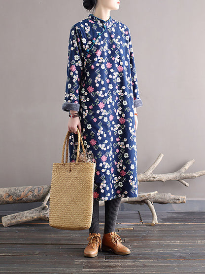 Women Winter Chinese Style Floral Print Frog Thick Dress