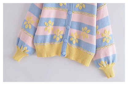 Sweet flower printed jacquard knitted coat cardigan  7302