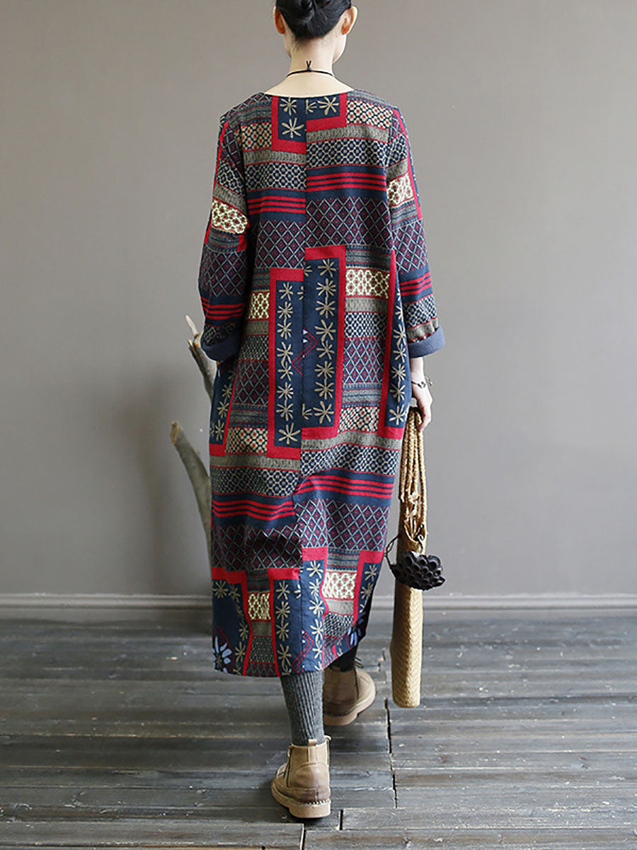 Women Winter Vintage Ethnic Pocket Print Loose Dress
