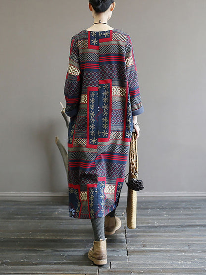 Women Winter Vintage Ethnic Pocket Print Loose Dress