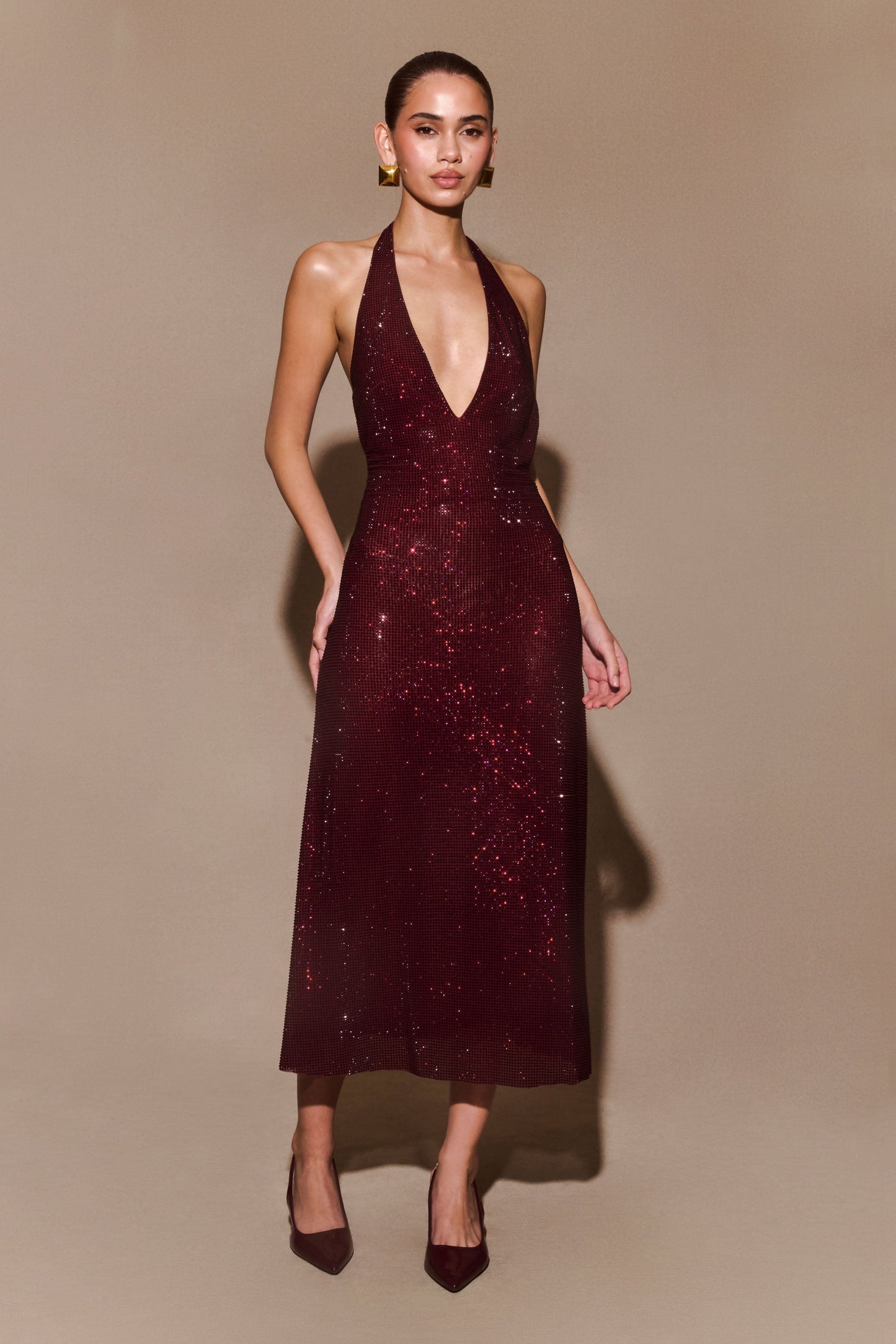 Sexy Halter Deep V-neck Backless Rhinestone Dress
