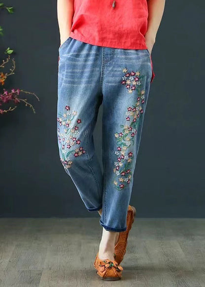 Boho Blue Embroidered Denim Crop Pants Summer