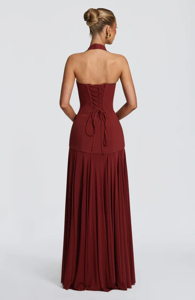 Halter Cutout Lace-Up Waist Chiffon Panel Maxi Gown