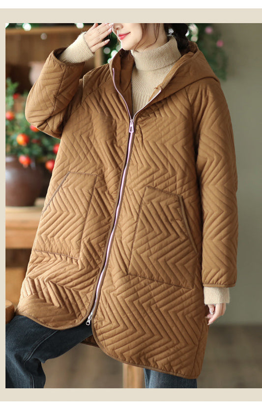 Retro Quilted Diamond Thickened Mid-Length Coat