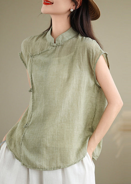 Chinese Style Red Stand Collar Patchwork Linen Shirt Short Sleeve
