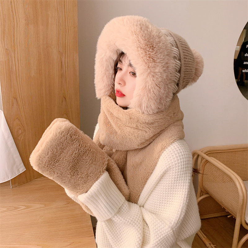 Women Winter Solid Plush Scarf Warm Hat