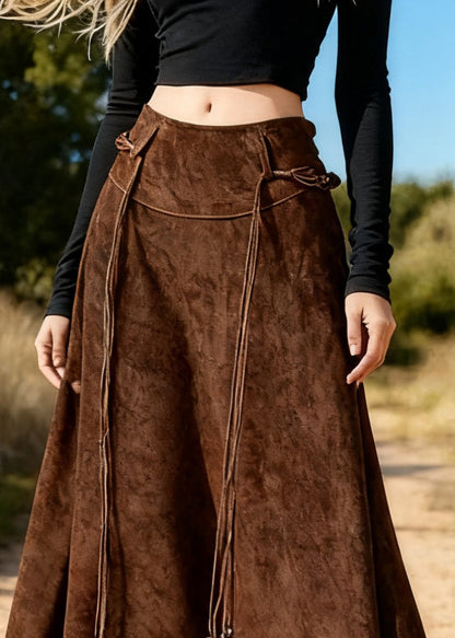 Vintage Coffee Asymmetrical Lace Up High Waist Faux Suede Skirts Spring