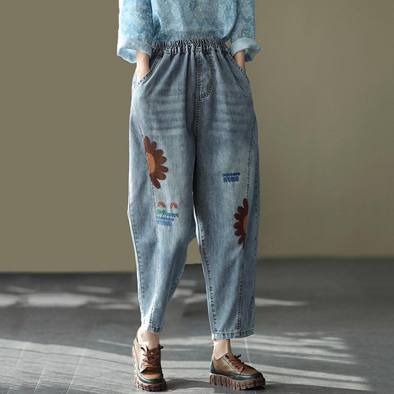 Retro Embroidered Loose Harem Denim Pants