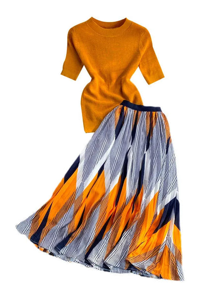 Organic Orange Knit Top And Skirts Two Piece Set Women Clothing Summer