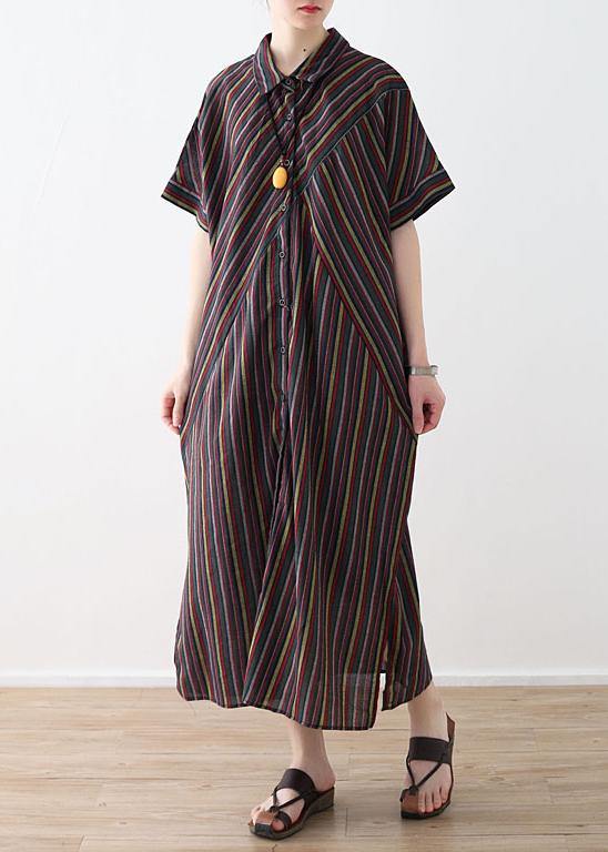 Italian yellow green linen dresses lapel collar Art summer shirt Dress