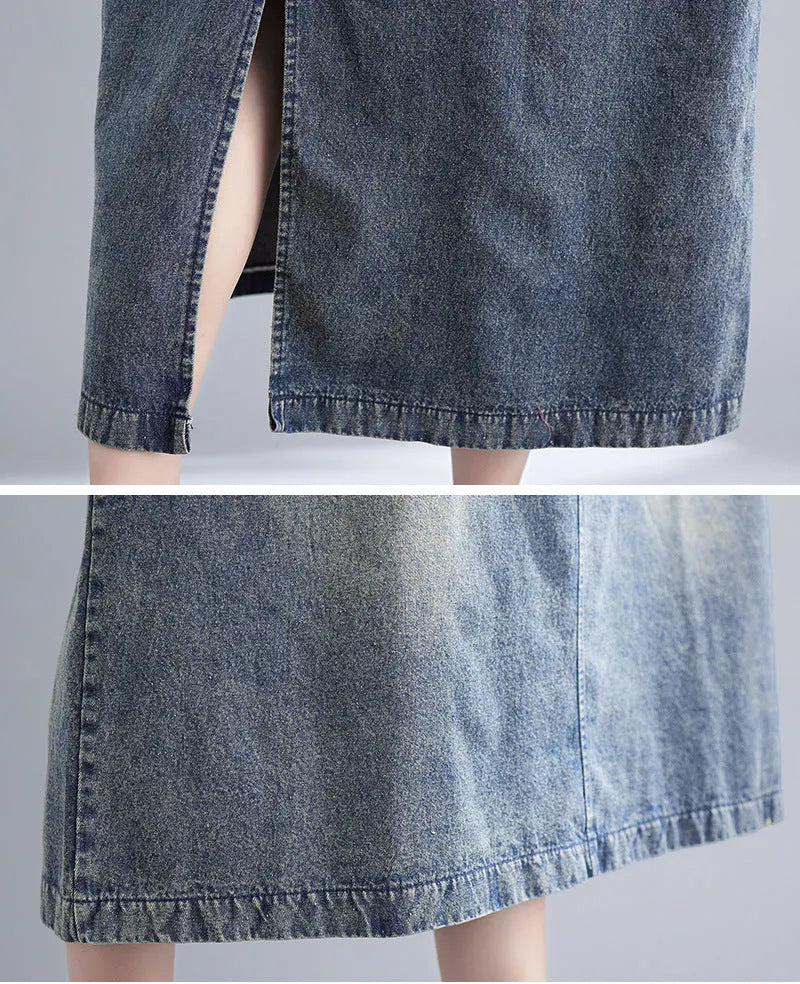 Vintage Literary Washed V-Neck Sleeveless Denim Dress