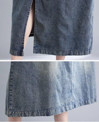 Vintage Literary Washed V-Neck Sleeveless Denim Dress