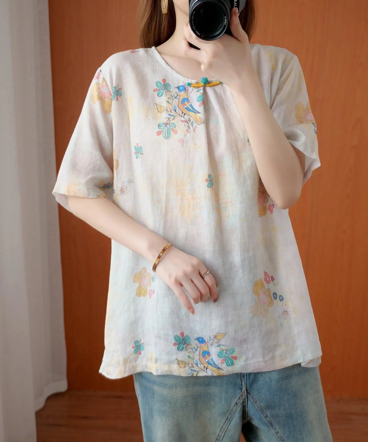 Women beige gray print women blouses o neck silhouette top