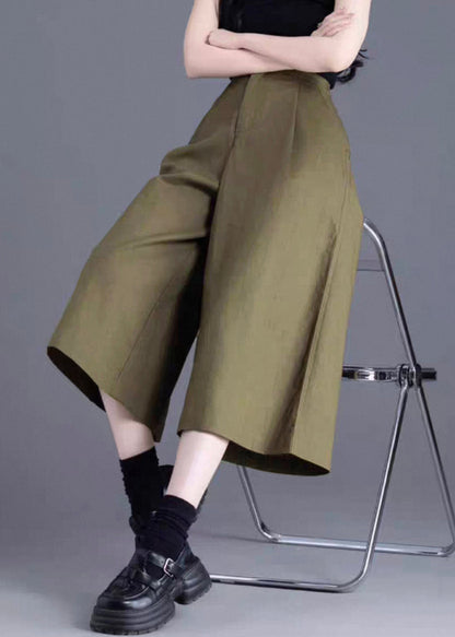 Green Button Solid Linen Wide Leg Pants High Waist