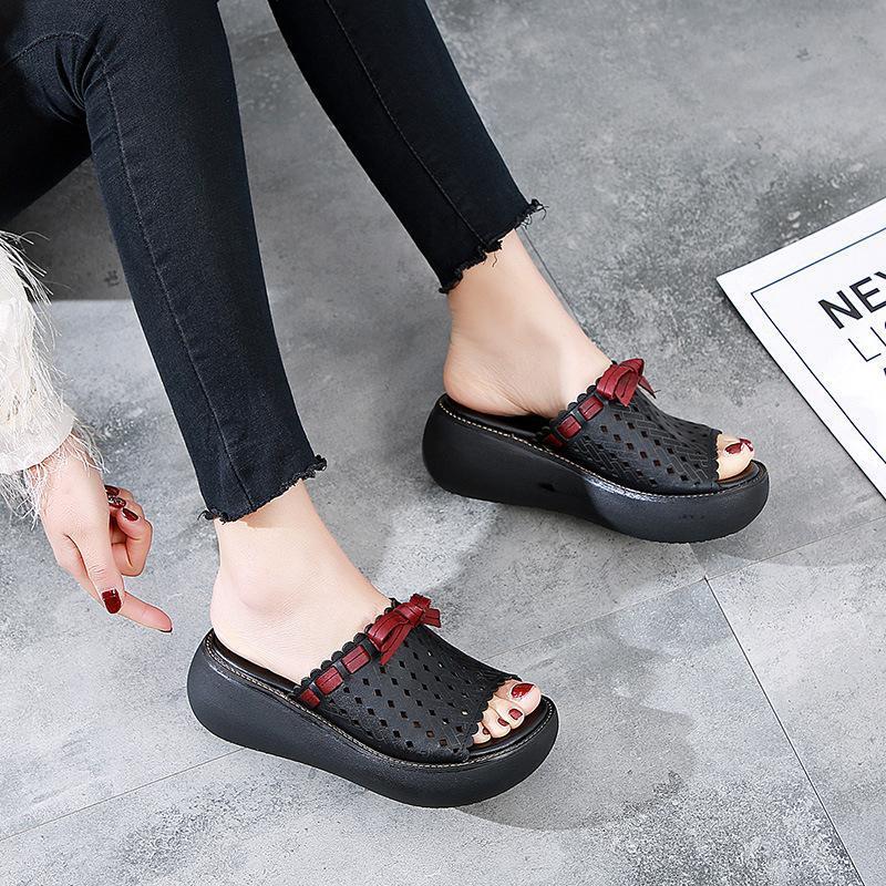 Leather Vintage Hollow Out Wedge Women Casual Slippers