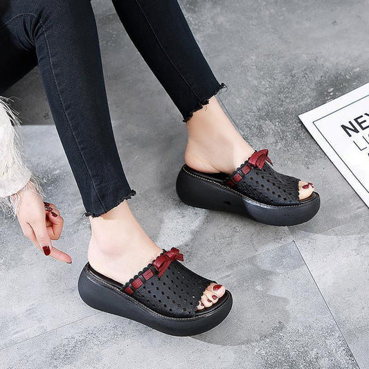 Leather Vintage Hollow Out Wedge Women Casual Slippers