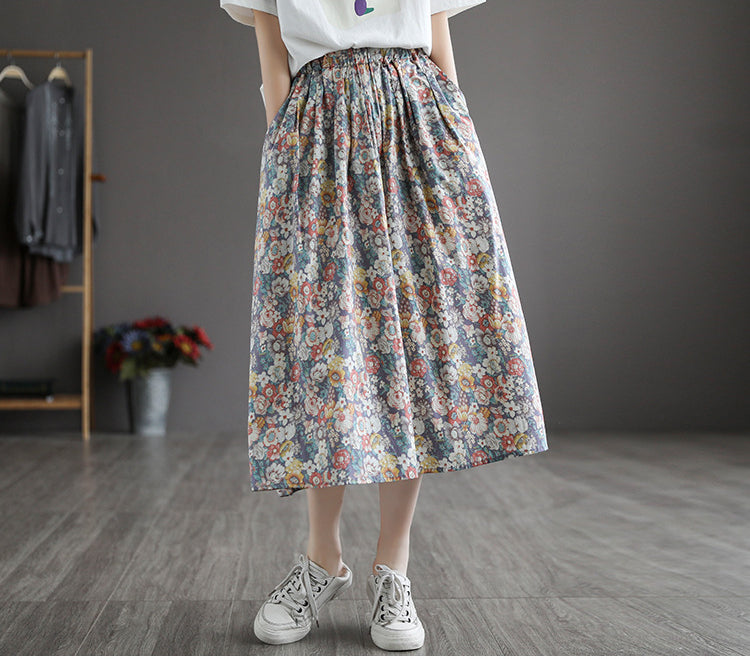 Literary Pleated Elastic Waist Floral A-Line Skirt