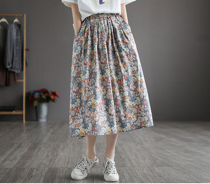 Literary Pleated Elastic Waist Floral A-Line Skirt