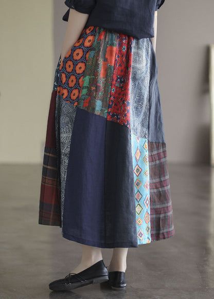 Plus Size Colorblock Elastic Waist Patchwork Print Linen Skirts Summer