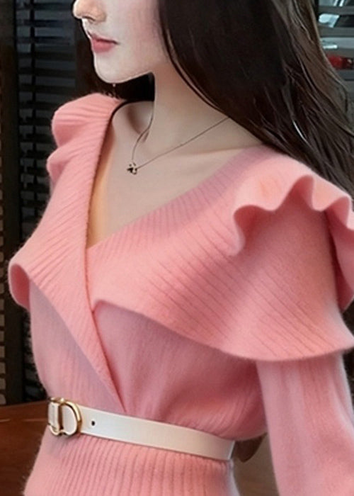 Art Pink V Neck Ruffled Solid Knit Sweater Fall