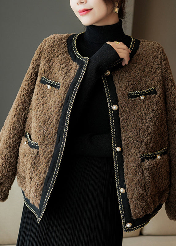 French Coffee O-Neck Patchwork Button Faux Fur Coats Winter