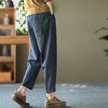 Women Loose  Retro Dragonfly Emboridery Cotton Jeans