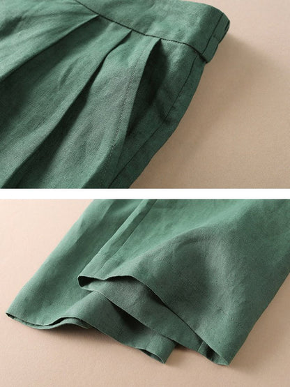 High Waist Solid Color Wide Leg Ninth Linen Pants