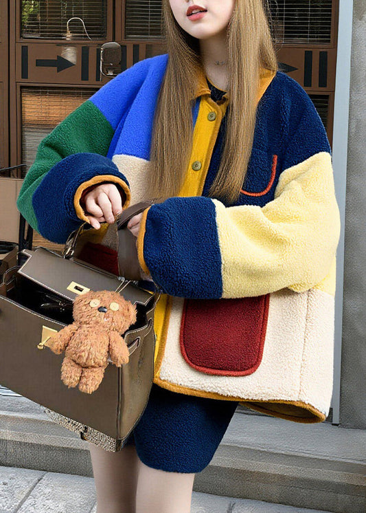 Women Multicolored Oversized Patchwork Fuzzy Fur Fluffy Jacket Winter