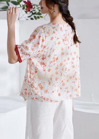 Red V-Neck Asymmetrical Design Print Summer Ramie Shirt Tops Short Sleeve