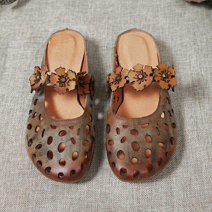 Women 2022 Vintage Floral Hollow Leather Slippers