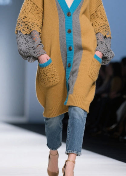 Casual Brown Oversized Patchwork Lace Knit Cardigans Fall
