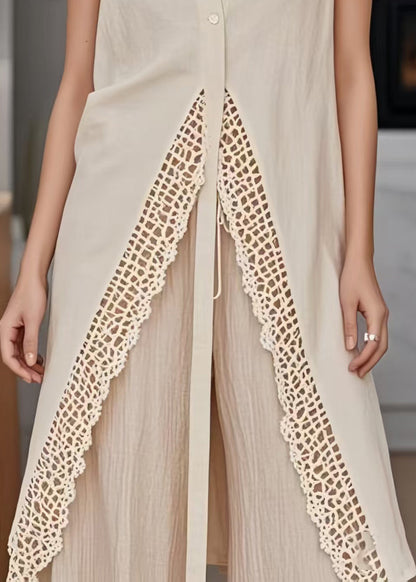 Boho Apricot Side Open Patchwork Lace Long Vests Sleeveless