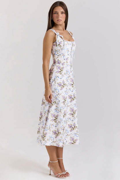 Off White Floral Print Cotton Midi Dress