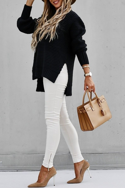 Round Neck Side Slit Casual Sweater